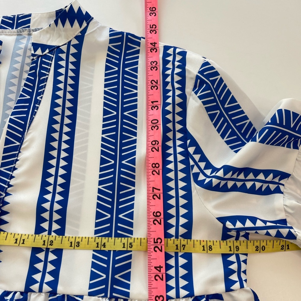 Geometric V-Neck Striped Baby Doll Mini Dress Blue & White Women’s Size Large - Picture 12 of 14
